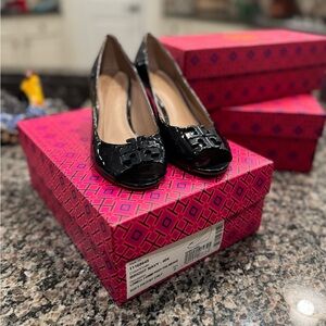 Tory Burch Peep Toed Wedge Pumps Patent Leather